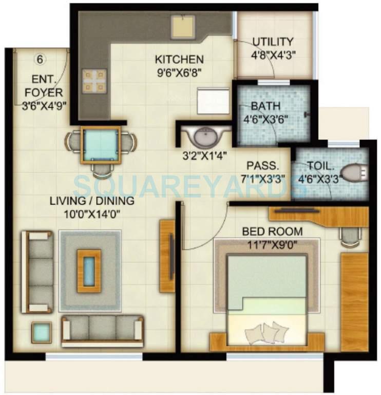Floor plan of 1 BHK 658 Sq. Ft. Apartment in Adani Pratham, Ahmedabad