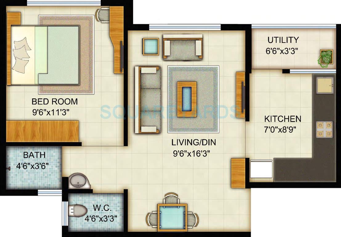 Floor plan of 1 BHK 661 Sq. Ft. Apartment in Adani Pratham, Ahmedabad