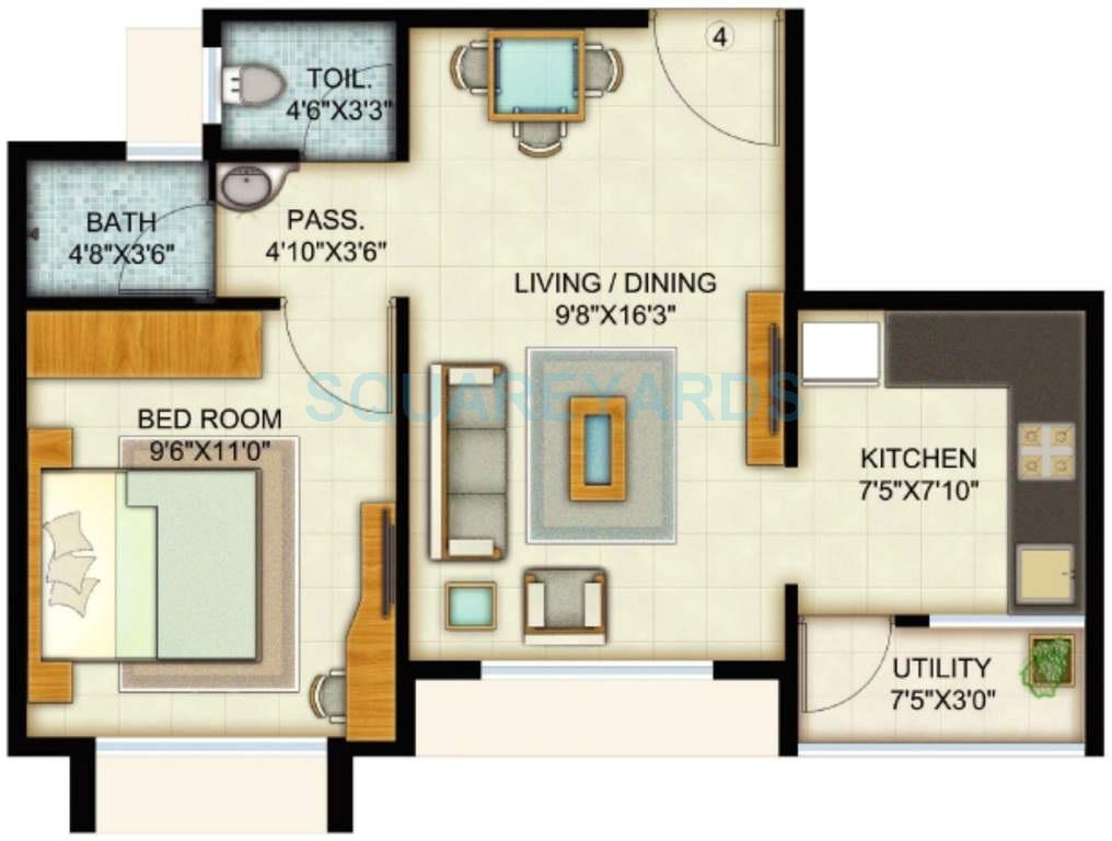 Floor plan of 1 BHK 672 Sq. Ft. Apartment in Adani Pratham, Ahmedabad