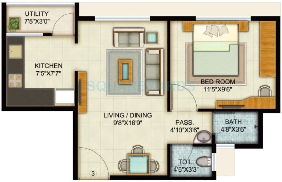 Floor plan of 1 BHK 677 Sq. Ft. Apartment in Adani Pratham, Ahmedabad