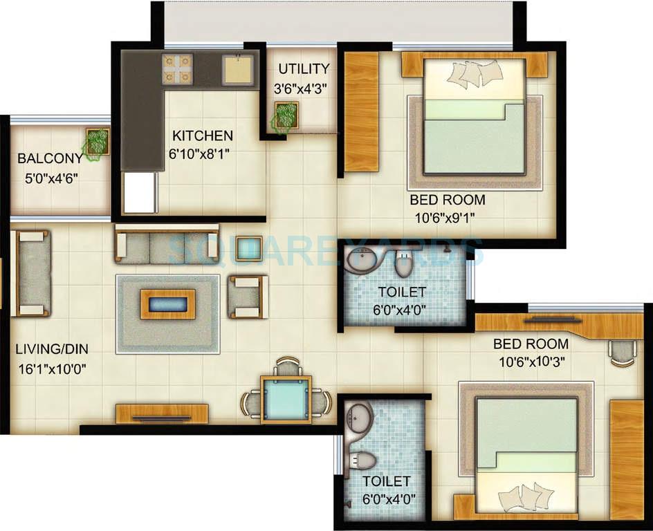 Floor plan of 2 BHK 905 Sq. Ft. Apartment in Adani Pratham, Ahmedabad