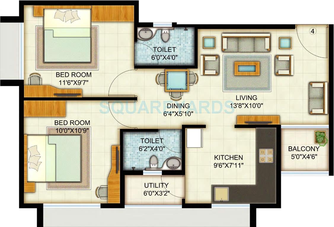 Floor plan of 2 BHK 953 Sq. Ft. Apartment in Adani Pratham, Ahmedabad