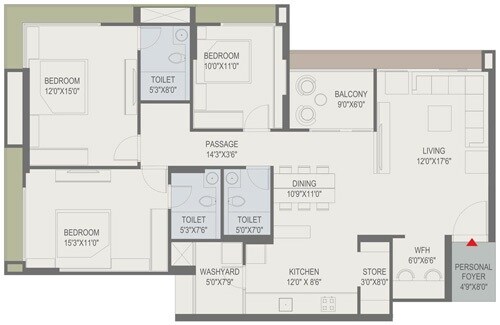 Floor plan of 3 BHK 2335 Sq. Ft. Apartment in Adani Shantigram, Ahmedabad