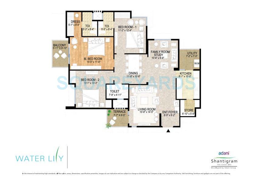 Floor plan of 3 BHK 2433 Sq. Ft. Apartment in Adani Shantigram Water Lily, Ahmedabad