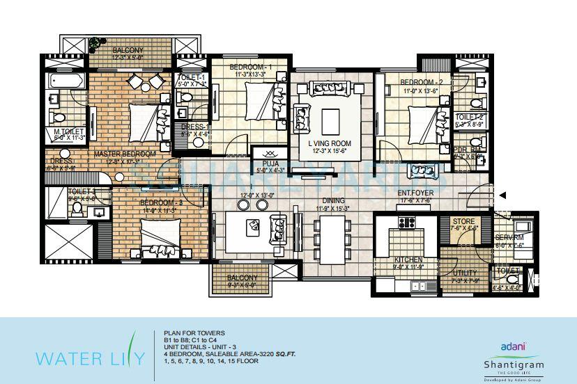 Floor plan of 4 BHK 3220 Sq. Ft. Apartment in Adani Shantigram Water Lily, Ahmedabad