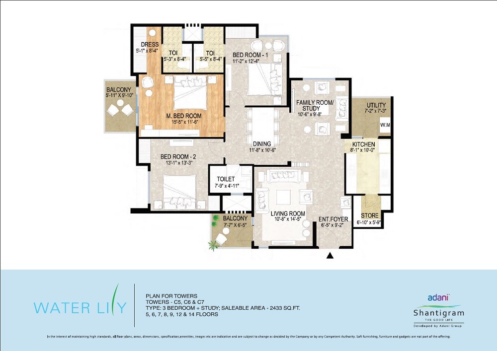 Floor plan of 3 BHK 2433 Sq. Ft. Apartment in Adani Waterlily, Ahmedabad