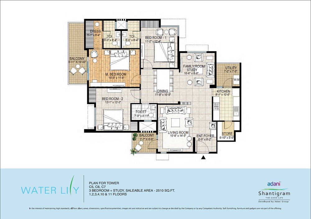 Floor plan of 3 BHK 2510 Sq. Ft. Apartment in Adani Waterlily, Ahmedabad
