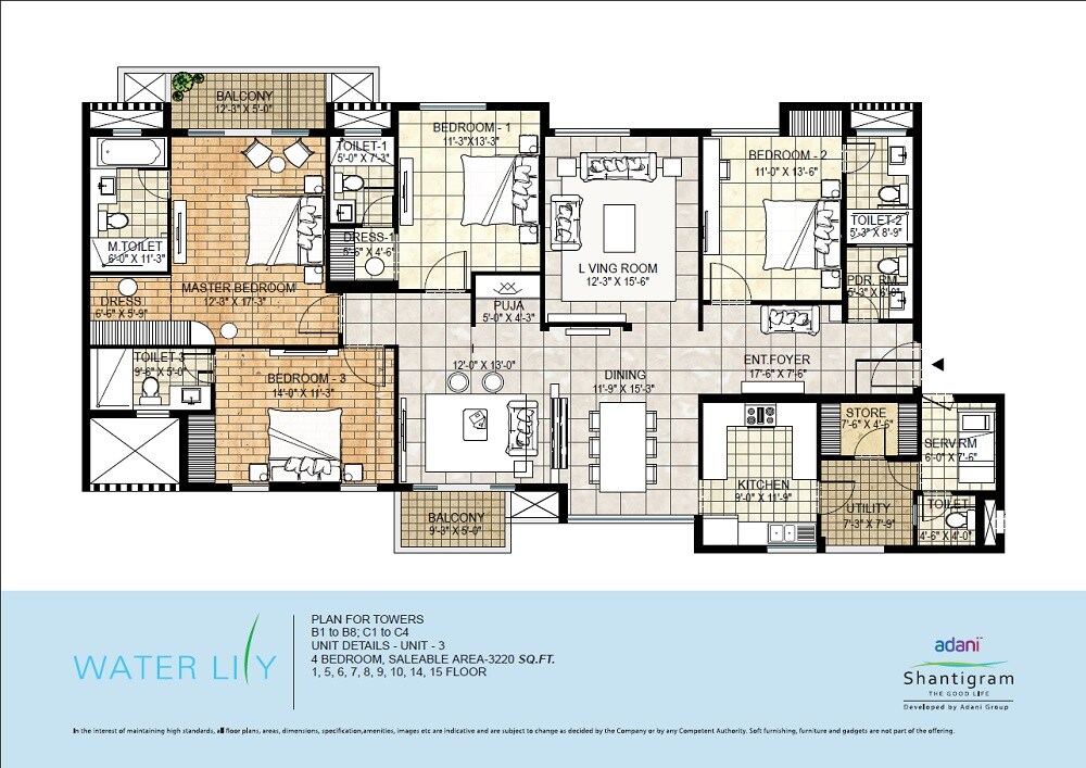 Floor plan of 4 BHK 3220 Sq. Ft. Apartment in Adani Waterlily, Ahmedabad