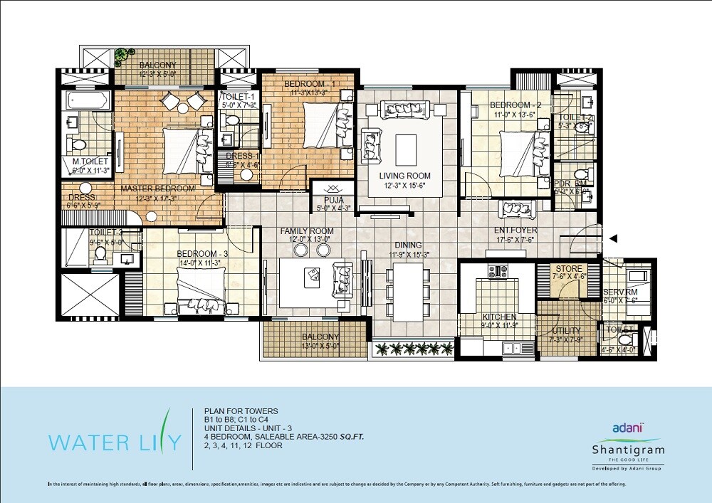 Floor plan of 4 BHK 3250 Sq. Ft. Apartment in Adani Waterlily, Ahmedabad