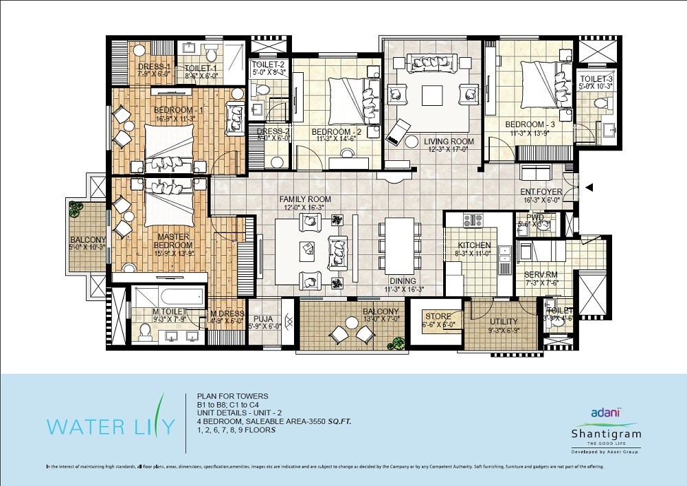 Floor plan of 4 BHK 3550 Sq. Ft. Apartment in Adani Waterlily, Ahmedabad