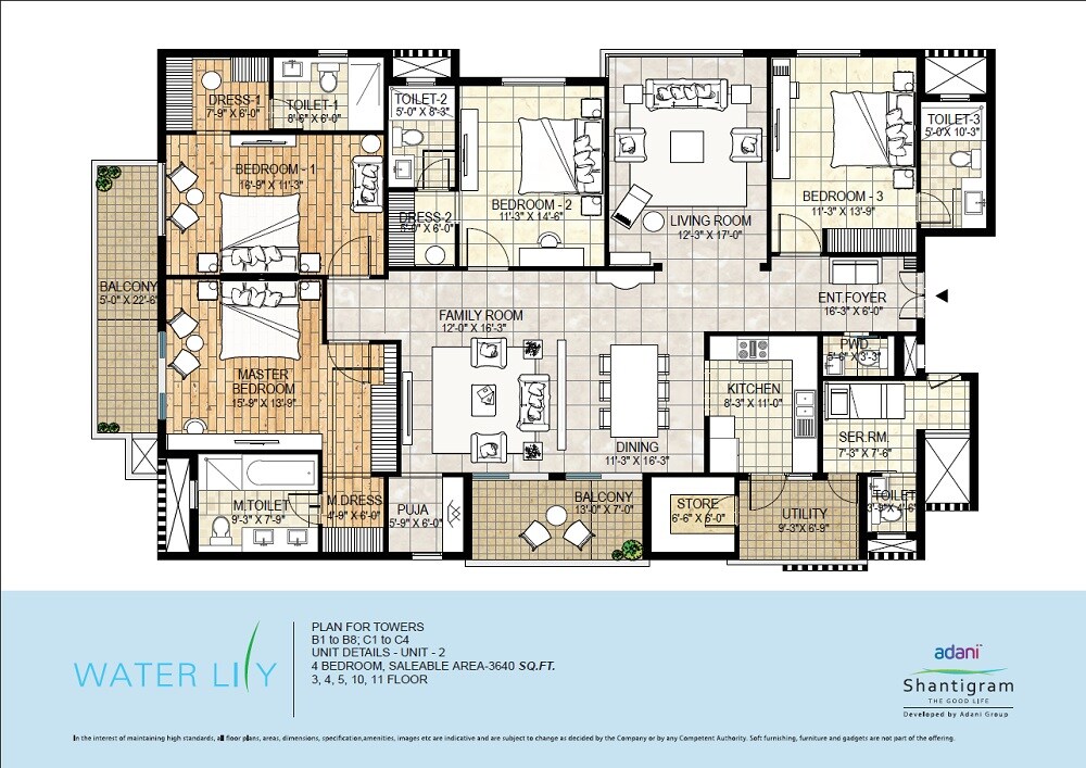 Floor plan of 4 BHK 3640 Sq. Ft. Apartment in Adani Waterlily, Ahmedabad