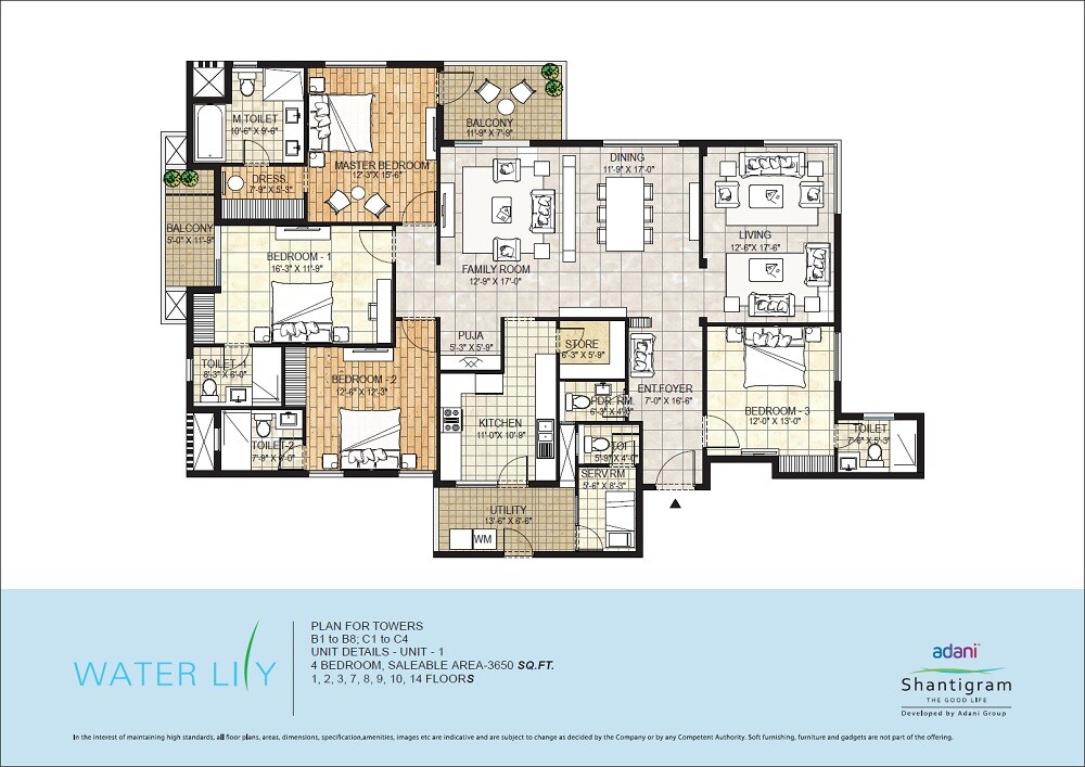 Floor plan of 4 BHK 3650 Sq. Ft. Apartment in Adani Waterlily, Ahmedabad