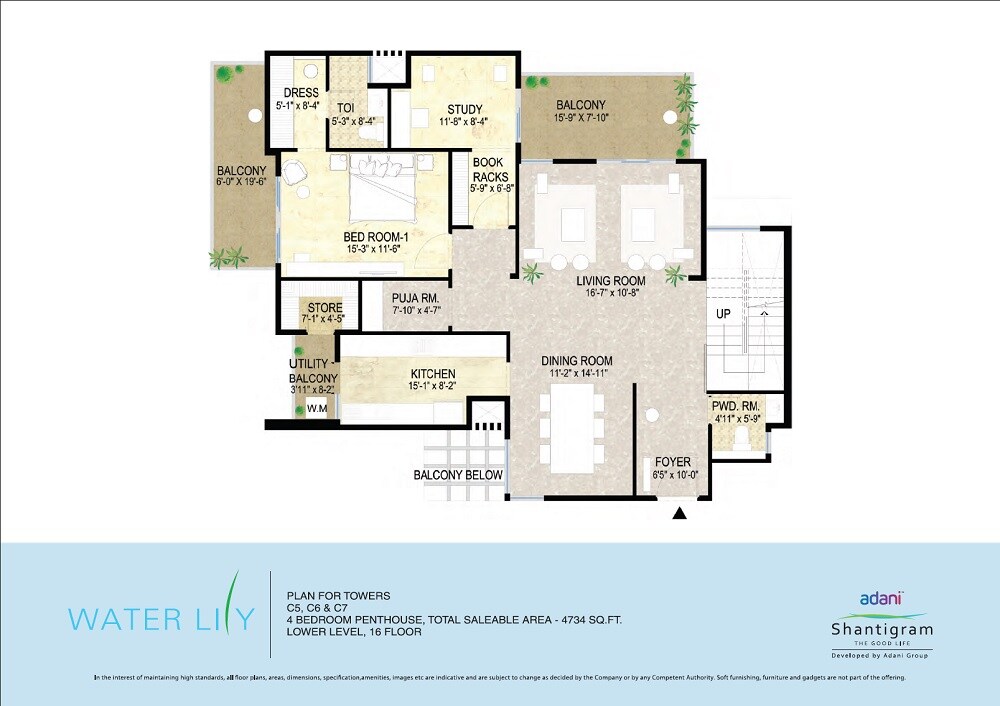 Floor plan of 4 BHK 4734 Sq. Ft. Penthouse in Adani Waterlily, Ahmedabad