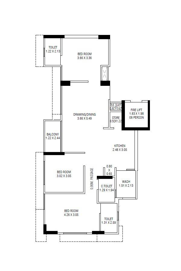 Floor plan of 3 BHK 836 Sq. Ft. Apartment in Aditi Shri Hari Sky, Ahmedabad