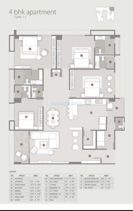 Floor plan of 4 BHK 3550 Sq. Ft. Apartment in Advance Le Jardin, Ahmedabad