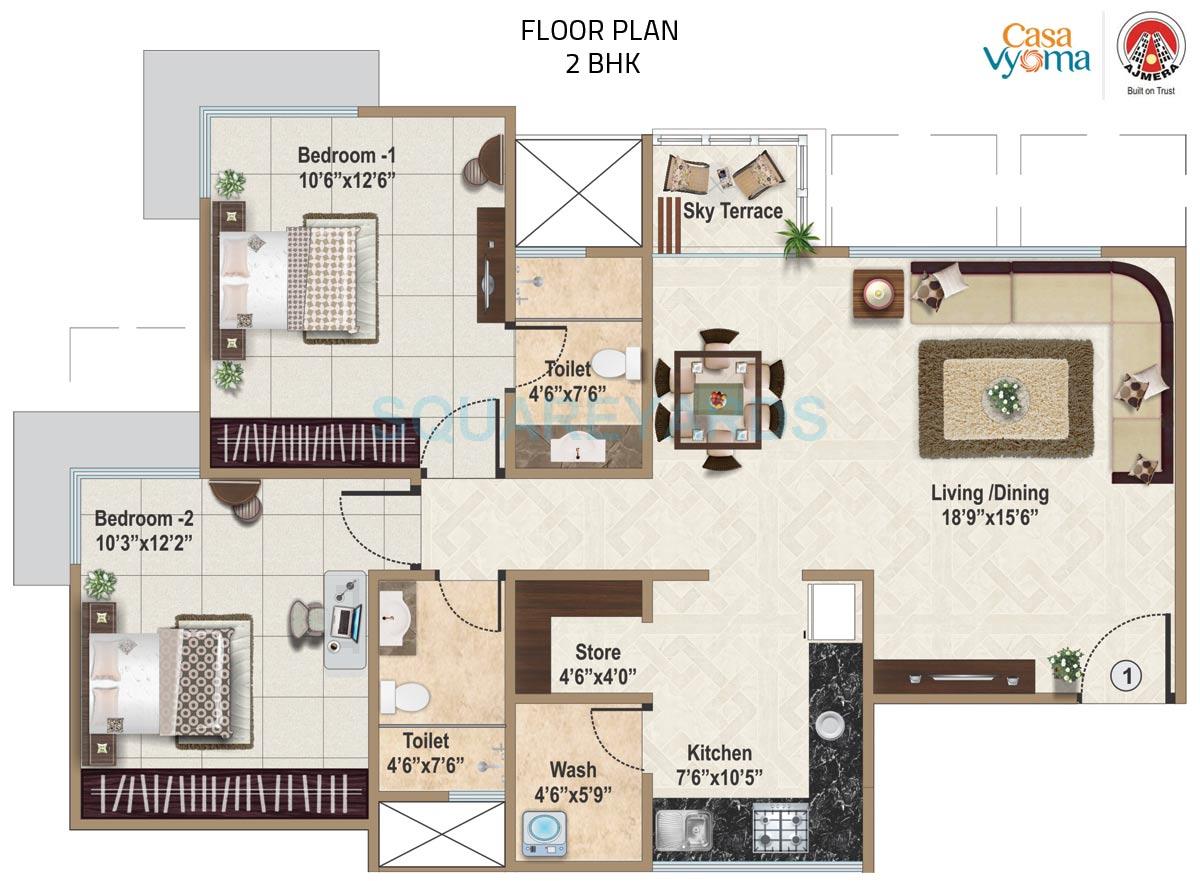 Floor plan of 2 BHK 1251 Sq. Ft. Apartment in Ajmera Casa Vyoma, Ahmedabad
