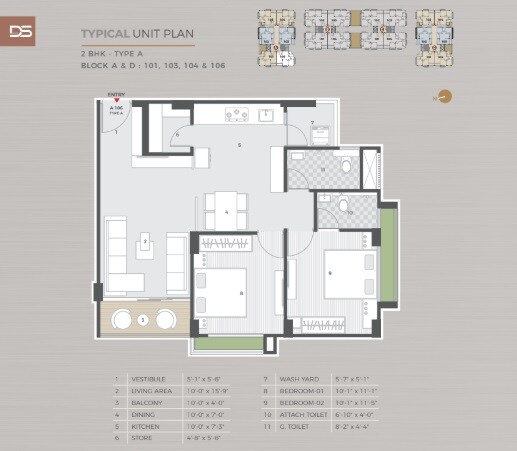 Floor plan of 2 BHK 680 Sq. Ft. Apartment in Akshar DS 208, Ahmedabad