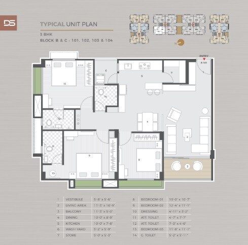 Floor plan of 3 BHK 981 Sq. Ft. Apartment in Akshar DS 208, Ahmedabad