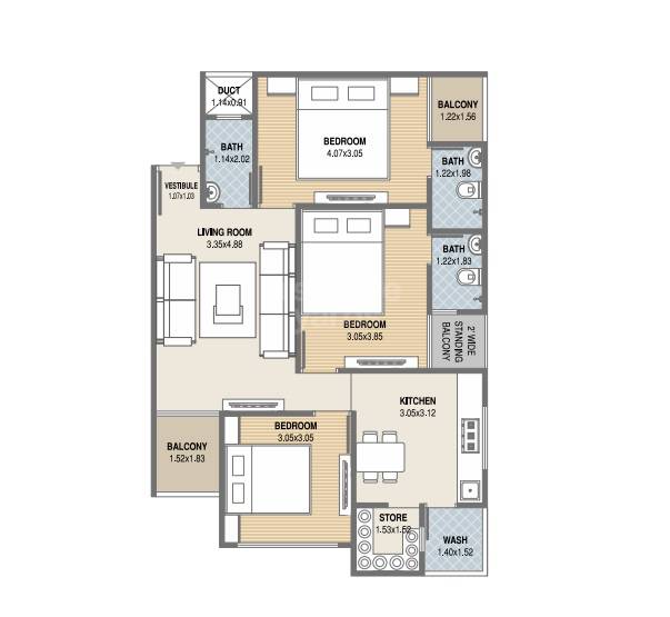 Floor plan of 3 BHK 814 Sq. Ft. Apartment in Al Falah Elegance, Ahmedabad