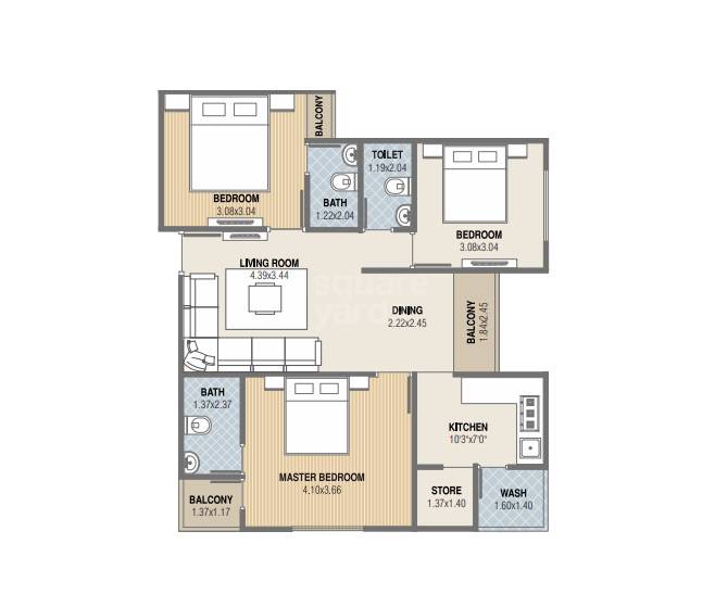 Floor plan of 3 BHK 843 Sq. Ft. Apartment in Al Falah Elegance, Ahmedabad