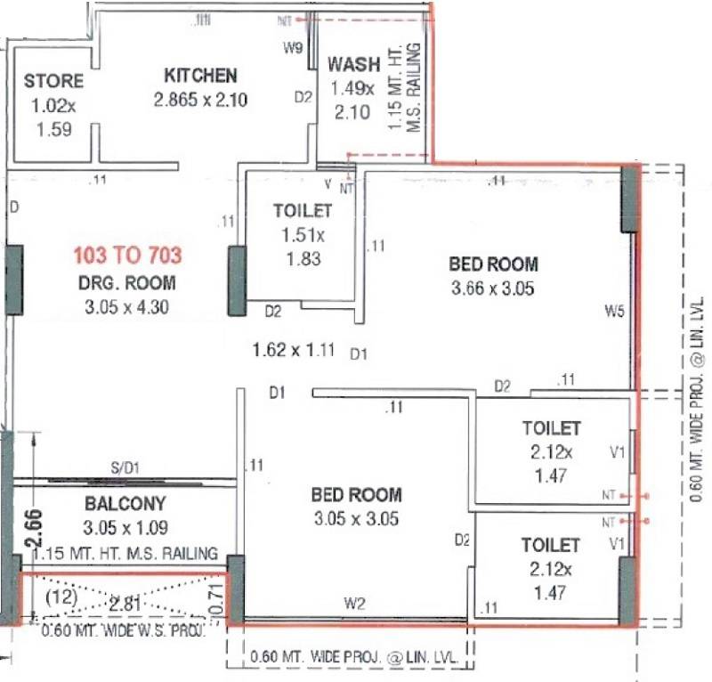 Floor plan of 2 BHK 598 Sq. Ft. Apartment in AL Hamd 49, Ahmedabad