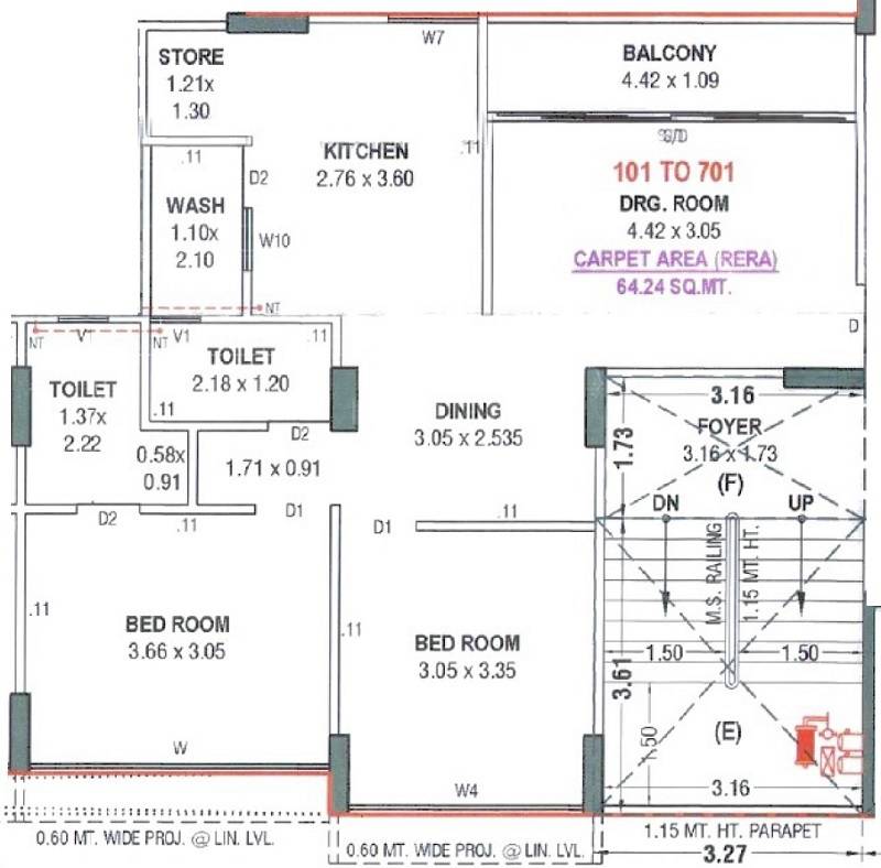 Floor plan of 2 BHK 691 Sq. Ft. Apartment in AL Hamd 49, Ahmedabad