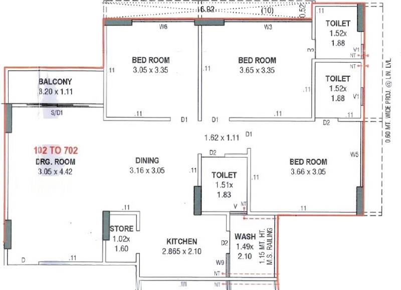 Floor plan of 3 BHK 884 Sq. Ft. Apartment in AL Hamd 49, Ahmedabad