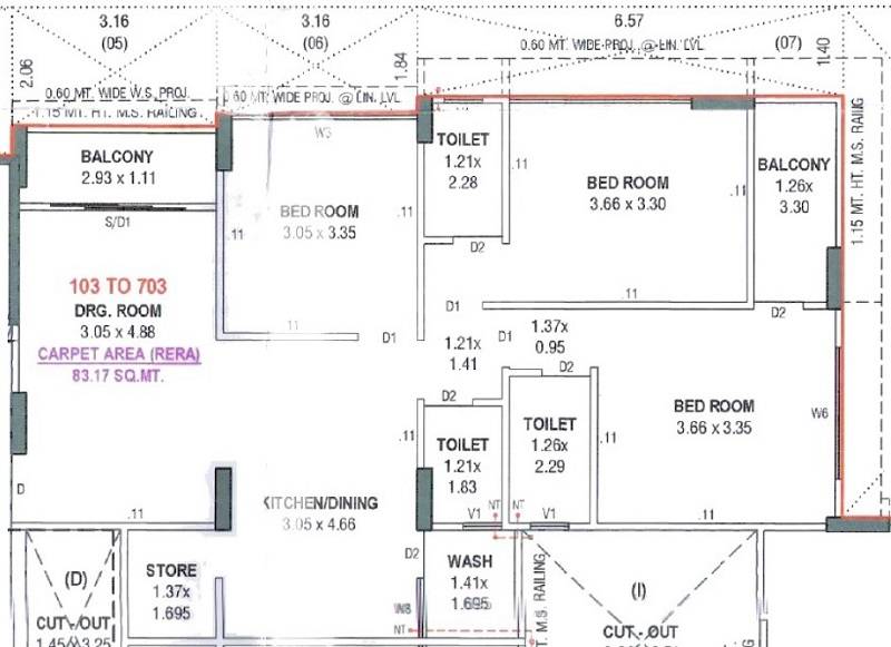 Floor plan of 3 BHK 895 Sq. Ft. Apartment in AL Hamd 49, Ahmedabad
