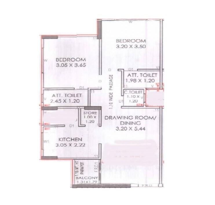 Floor plan of 2 BHK 388 Sq. Ft. Apartment in AL Paradise Exotica, Ahmedabad