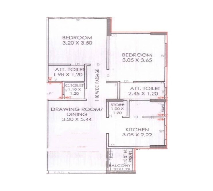Floor plan of 2 BHK 649 Sq. Ft. Apartment in AL Paradise Exotica, Ahmedabad
