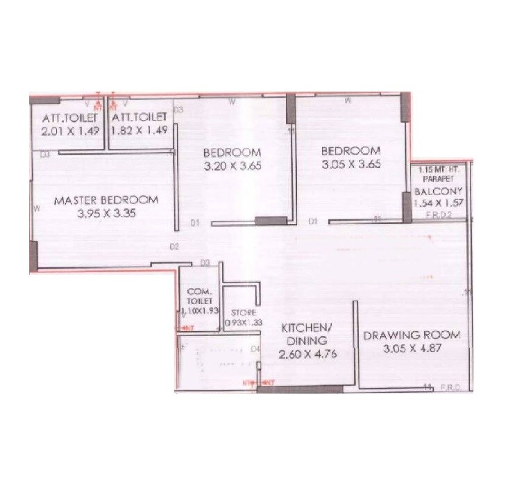 Floor plan of 3 BHK 797 Sq. Ft. Apartment in AL Paradise Exotica, Ahmedabad