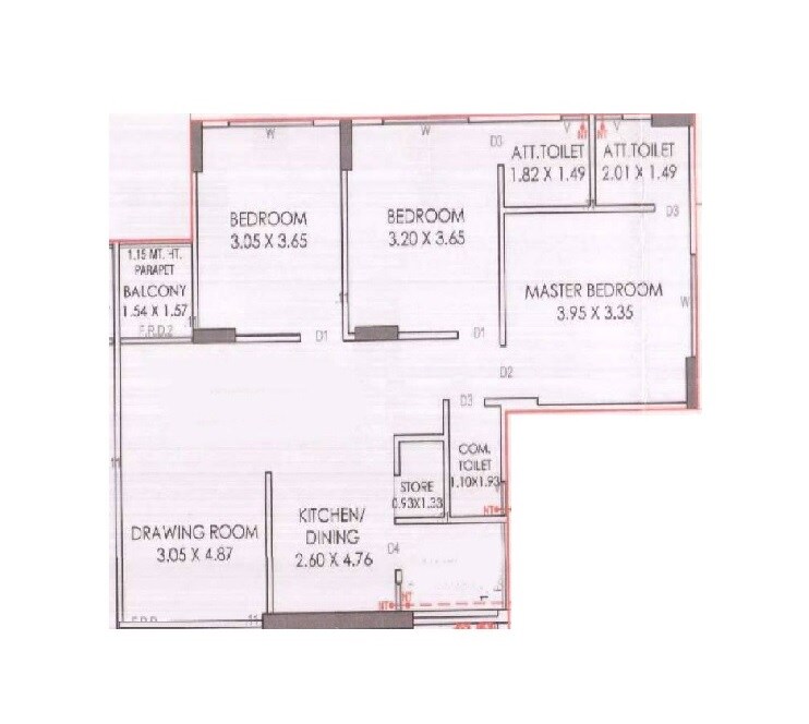 Floor plan of 3 BHK 845 Sq. Ft. Apartment in AL Paradise Exotica, Ahmedabad