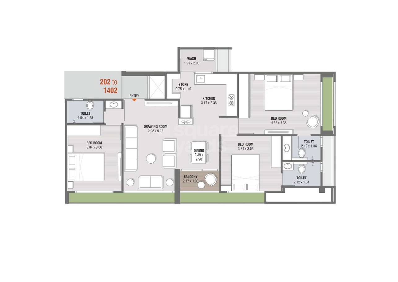 3 BHK 875 Sq. Ft. Apartment