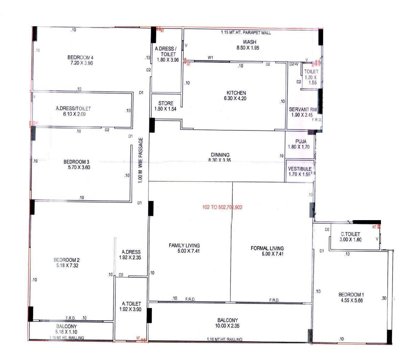 Floor plan of 4 BHK 3516 Sq. Ft. Apartment in Anamaya Apartments, Ahmedabad