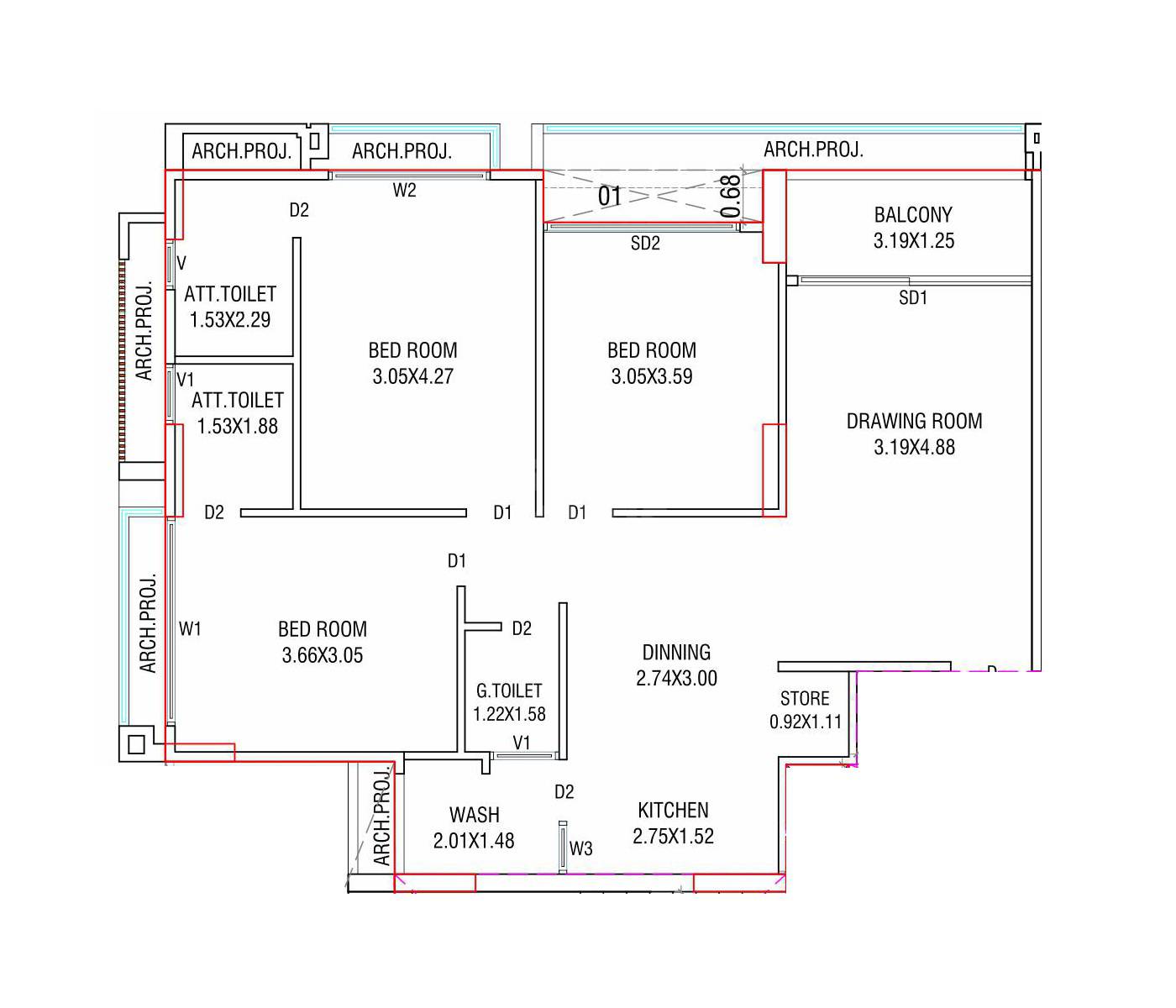 Floor plan of 3 BHK 839 Sq. Ft. Apartment in Ananta Aqua Forte, Ahmedabad