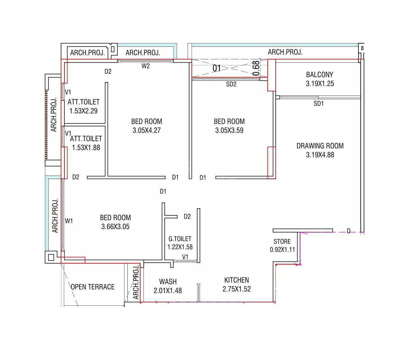 Floor plan of 3 BHK 847 Sq. Ft. Apartment in Ananta Aqua Forte, Ahmedabad
