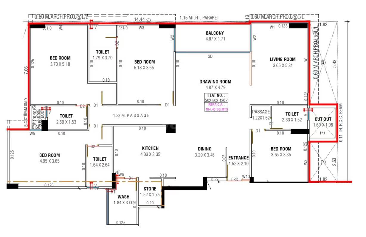 Floor plan of 4 BHK 1984 Sq. Ft. Apartment in Anantara Alora, Ahmedabad