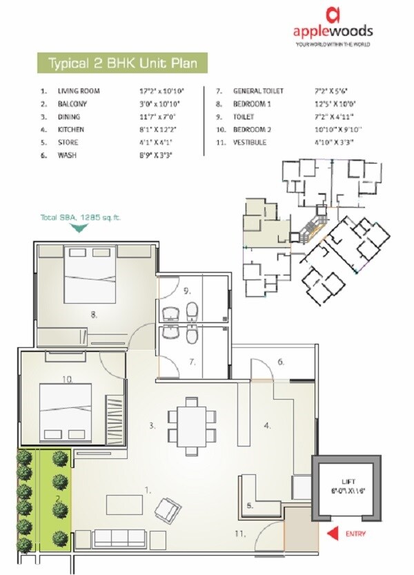 Floor plan of 2 BHK 1285 Sq. Ft. Apartment in Applewood Sorrel, Ahmedabad