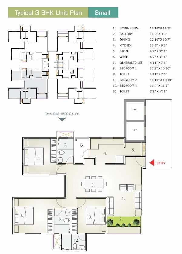 Floor plan of 3 BHK 1590 Sq. Ft. Apartment in Applewood Sorrel, Ahmedabad