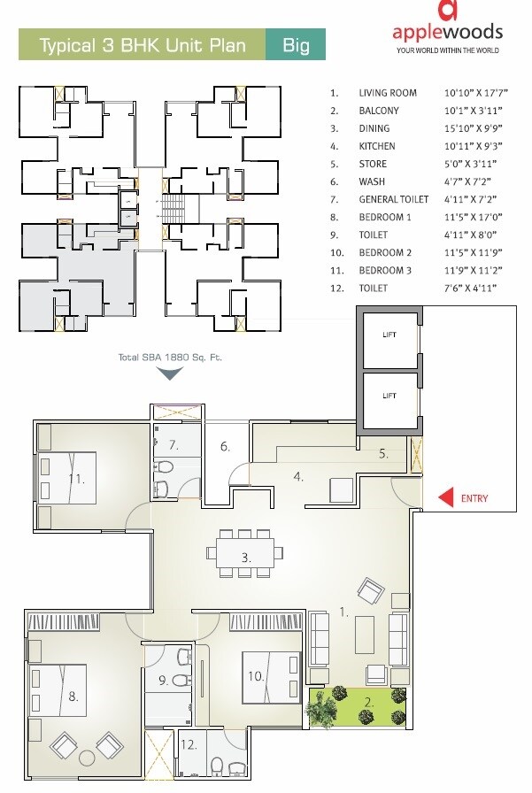 Floor plan of 3 BHK 1880 Sq. Ft. Apartment in Applewood Sorrel, Ahmedabad