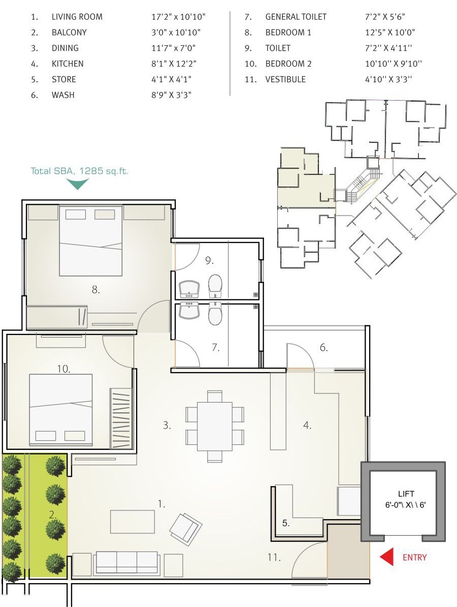 Floor plan of 2 BHK 1285 Sq. Ft. Apartment in Applewoods Township, Ahmedabad