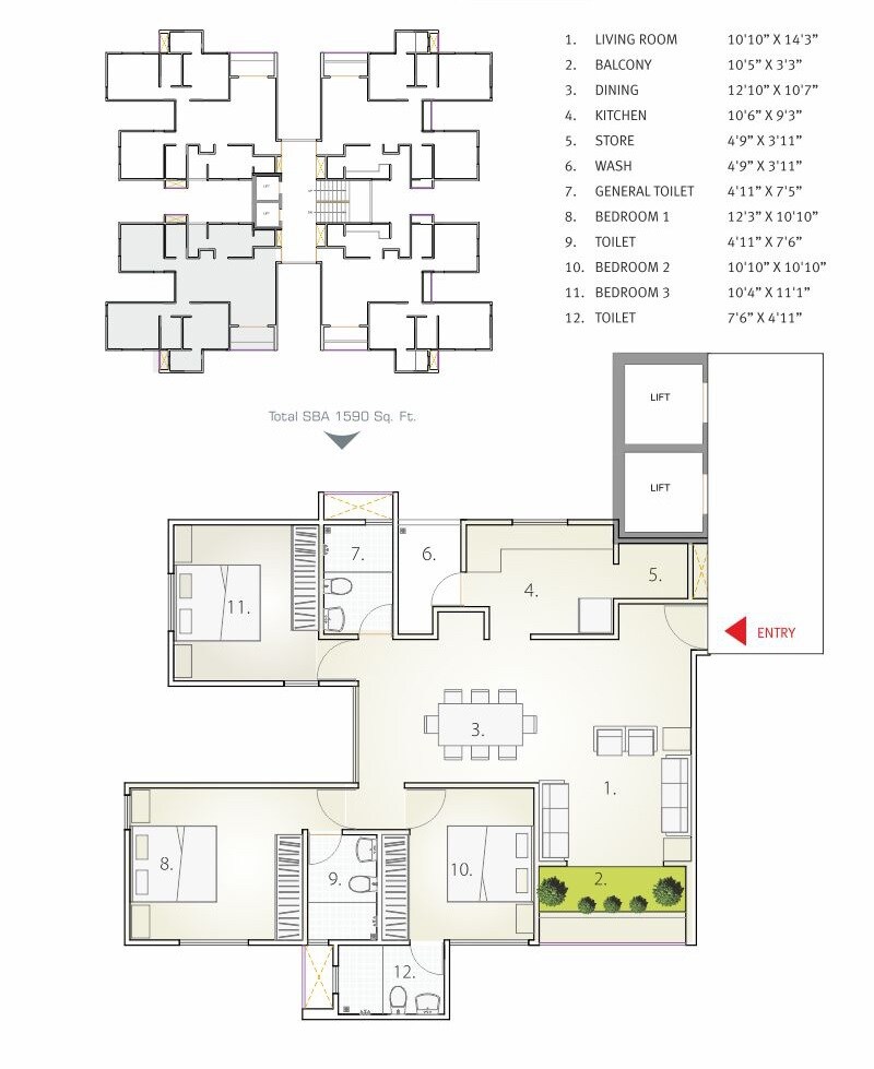 Floor plan of 3 BHK 1590 Sq. Ft. Apartment in Applewoods Township, Ahmedabad