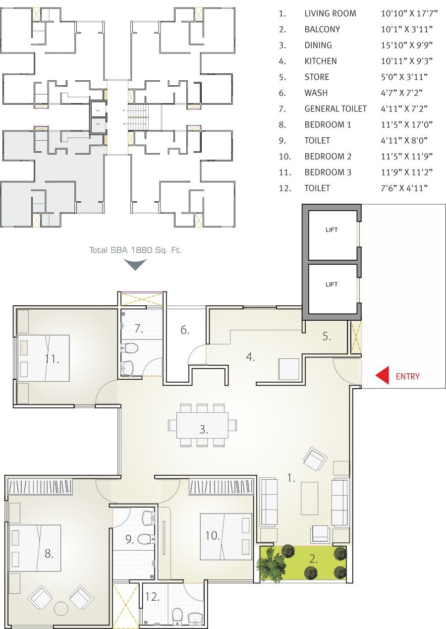 Floor plan of 3 BHK 1880 Sq. Ft. Apartment in Applewoods Township, Ahmedabad