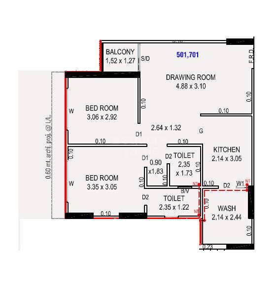 Floor plan of 2 BHK 694 Sq. Ft. Apartment in AR The Cluster, Ahmedabad