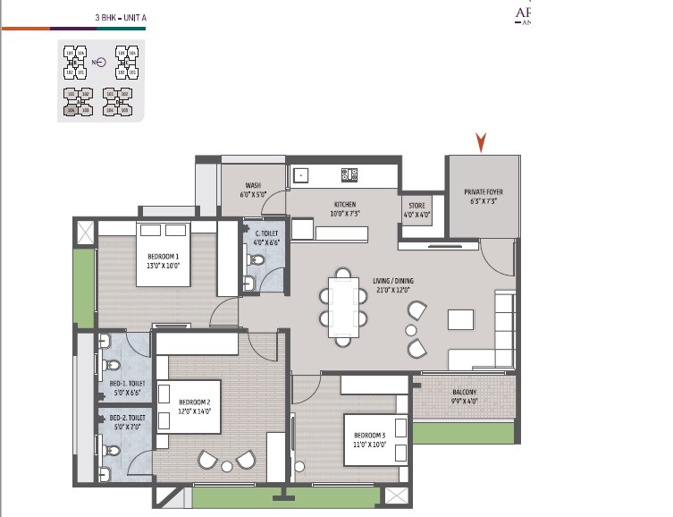 3 BHK 852 Sq. Ft. Apartment