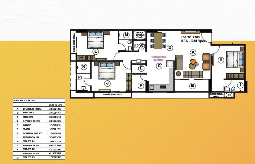 Floor plan of 3 BHK 1001 Sq. Ft. Apartment in ARK Solitaire Arise, Ahmedabad