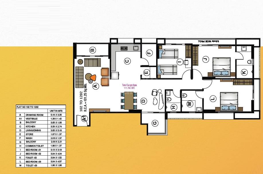 Floor plan of 3 BHK 1090 Sq. Ft. Apartment in ARK Solitaire Arise, Ahmedabad