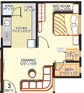 Floor plan of 1 BHK 666 Sq. Ft. Apartment in Art Nirman Shree Vishnudhara Homes, Ahmedabad