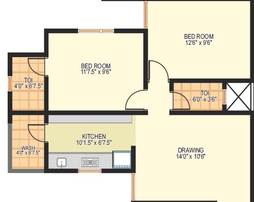 Floor plan of 2 BHK 822 Sq. Ft. Apartment in Art Nirman Shree Vishnudhara Homes, Ahmedabad