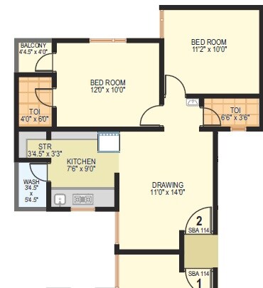Floor plan of 2 BHK 918 Sq. Ft. Apartment in Art Nirman Shree Vishnudhara Homes, Ahmedabad